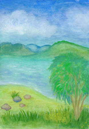 Scenic picture of wildlife. Summer landscape on the shore of a small mountain river. Cumulus clouds in the blue sky. The tree grows on the bank of the river. Clear blue water in the river. Environmentally friendly landscape.の写真素材