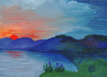 Dramatic sunset before the rain. Summer evening landscape by the river. Red sun sets in the clouds. The sky darkens and the first stars are visible. Blue hills are reflected in the water.の写真素材