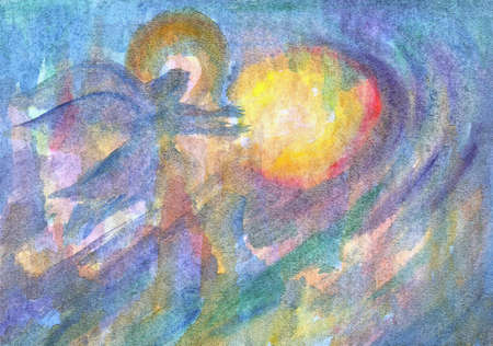 Textured watercolor illustration with an angel. An abstract angel carries a bright light in his hands.の写真素材