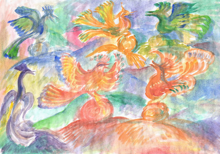 Fabulous colorful birds. Abstract watercolor painting. Orange and blue birds.の写真素材