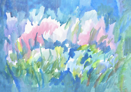 Delicate pink flowers on blue. Watercolor flower abstract painting. Spring fresh background.の写真素材