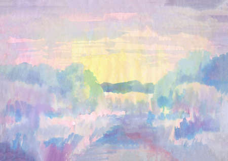 Early sunrise on the river. The riverbed and bushes are covered with a mystical pink haze. Watercolor background.の写真素材