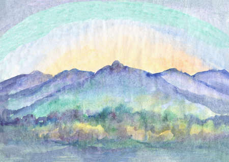 Watercolor sunny summer landscape. Blue sky and green hills. At the foot of the mountains there is a lawn framed by trees.の写真素材