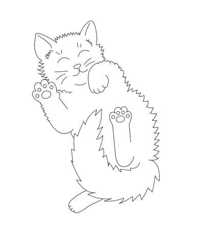Cute fluffy kitten is lying on its back. Adorable cat paws. Linear vector drawing. Coloring pageのイラスト素材