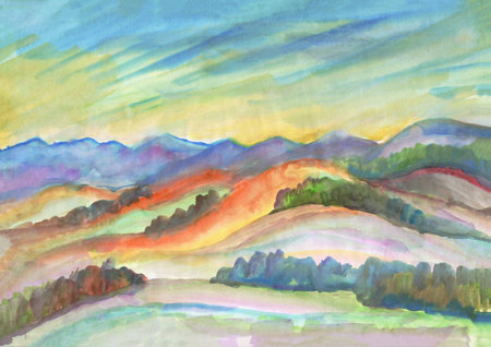 Colorful watercolor hills sunset, great design for any purposes. . Watercolor background. Texture paper.の写真素材