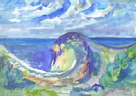 Beautiful watercolor abstraction sea wave. Abstract seascape. Texture paper.の写真素材