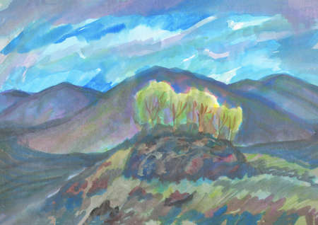 Yellow hilly landscape trees autumn in cloudy day. Watercolor illustrationの写真素材