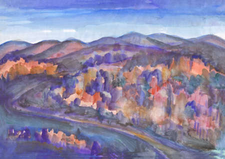 Colorful autumn mountain landscape. A winding mountain road along the autumn hills. Watercolor landscapeの写真素材