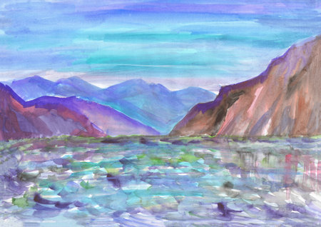 Watercolor river landscape. Rocky river bank. Blue sky and mountains in the distanceの写真素材