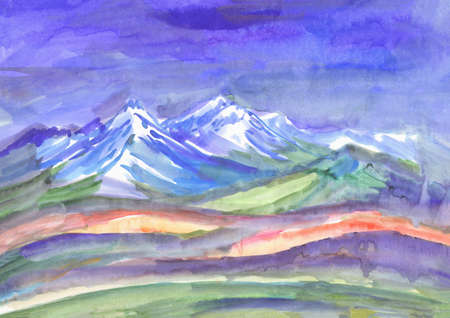 Snowy mountain peaks, blooming hills and blue sky. Watercolor sunny alpine landscapeの写真素材