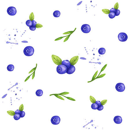 seamless pattern with Juicy blueberries. purple and green hand-painted watercolor elements on a white background.Illustration for cards and botanical magazinesの写真素材