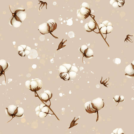 Watercolor Cotton Softness seamless pattern on beige background with splashes. Botanical Aquarelle wild flower for background, texture, card, frameの写真素材
