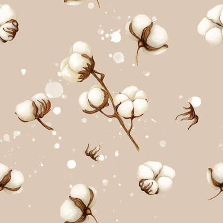 Watercolor Cotton Softness seamless pattern on beige background with splashes. Botanical Aquarelle wild flower for background, texture, card, frameの写真素材
