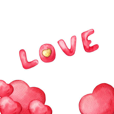 watercolor hand drawn text Love with hearts for Valentines day, wedding, dating and other and other romantic occasions. Use for card, postcardの写真素材