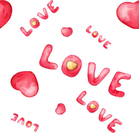 Watercolor seamless pattern with text love and pink hearts. Hand drawn. Love art background. For wedding stationary, greetings, wallpapers, fashion, background, card, postcard.の写真素材