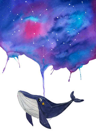 Cute watercolor whale with stars and cosmos design. Isolated. Use for card, postcard, t shirt etc. Hand drawingの写真素材