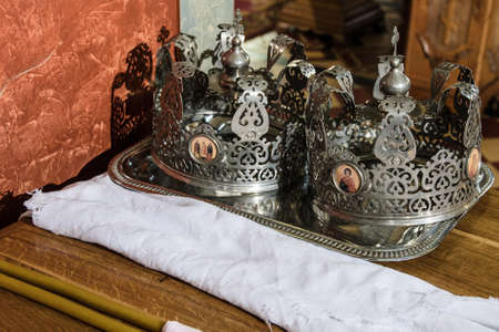 Alchevsk, Ukraine - April 28, 2017: Wedding ceremony of newlyweds in the Christian churchのeditorial素材