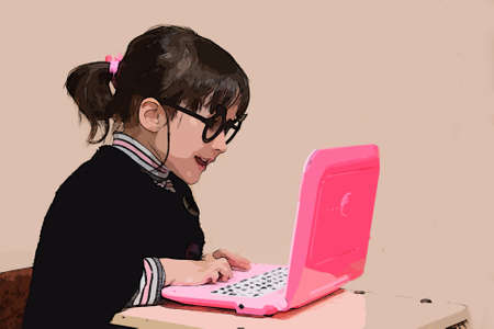 Child is playing behind a pink laptop with glasses