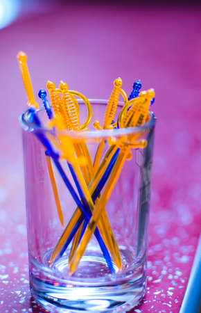 a lot of skewers for canapes in a glass.の写真素材