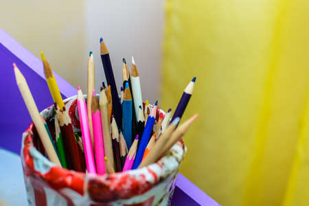 Colors pencils, colorful many crayons. pencils in a glass. Bright colored pencils.の写真素材