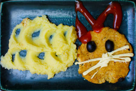 mashed potatoes and cutlet decorated for the child. top viewの写真素材