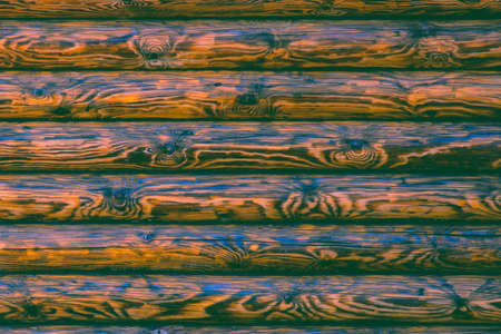Log Cabin Or Barn Unpainted Debarked Wall Textured Horizontal Background With Copy Space.