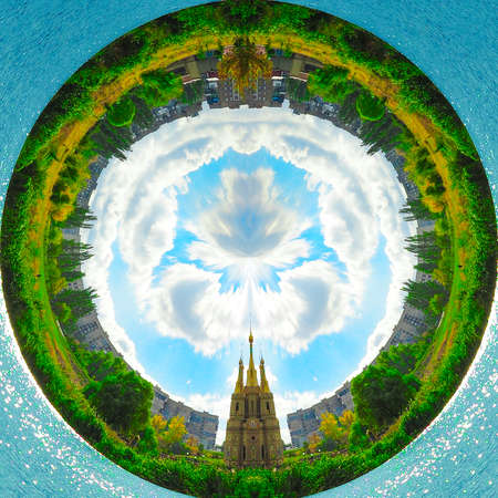 circular panorama of the city center with a church on the lake. beautiful clouds