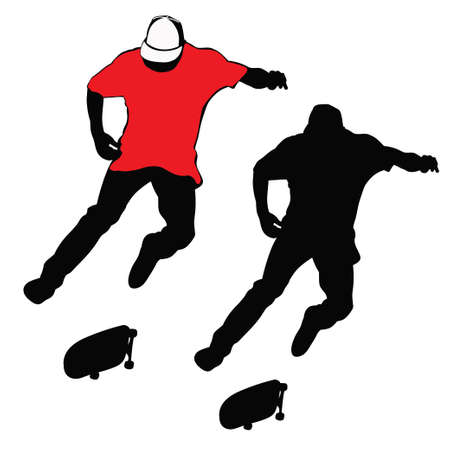 Young man riding a skateboard in red, black and white toneのイラスト素材