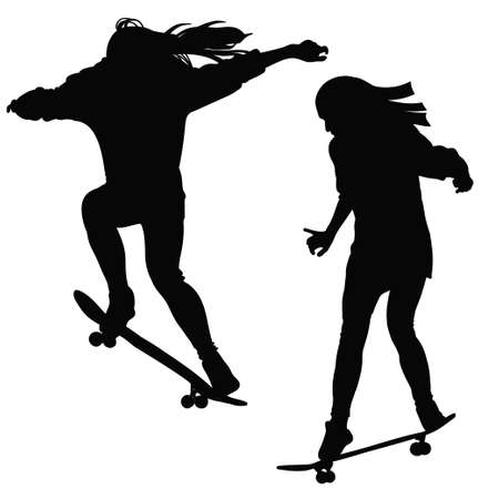 Young girl riding a skateboard in black and white toneのイラスト素材