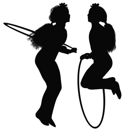 Girl jumping through a hoop - silhouette in black and white toneのイラスト素材