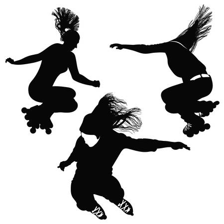 Silhouette of a girl with flowing hair, jumping on roller skatesのイラスト素材