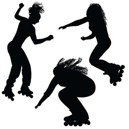 Silhouette of a girl with flowing hair, jumping on roller skatesのイラスト素材