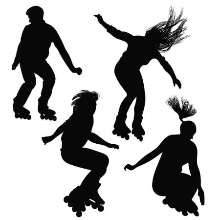 Silhouette of teenagers, jumping on roller skates in blackのイラスト素材