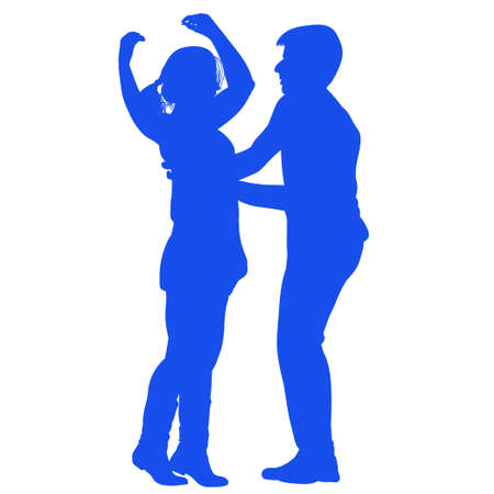 Silhouette of a young couple performing a dance - blueのイラスト素材
