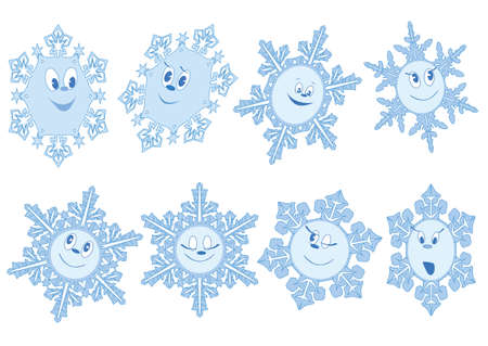 Set of vector faces-snowflakes simple form blue on whiteのイラスト素材