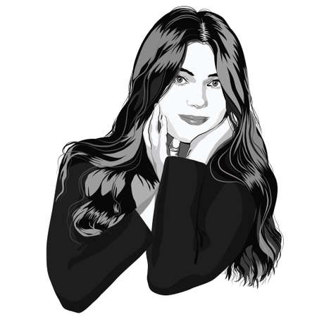 Portrait of a girl with long hair in gray tones - vectorのイラスト素材