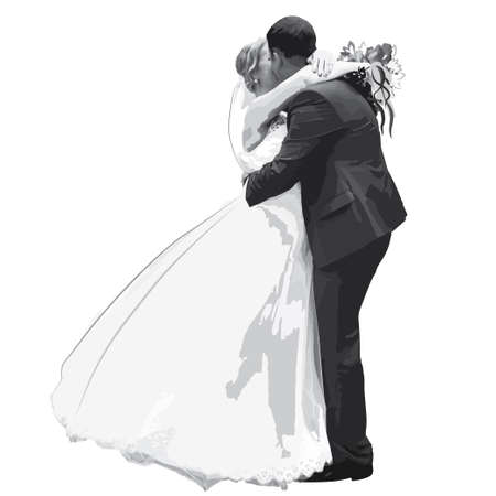 Figures hugging honeymooners - bride and groom in shades of gray the vectorのイラスト素材
