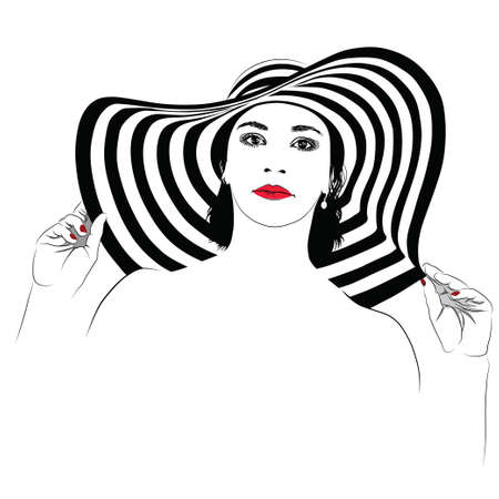 The girl with dark hair in big striped hat - vector illustrationのイラスト素材