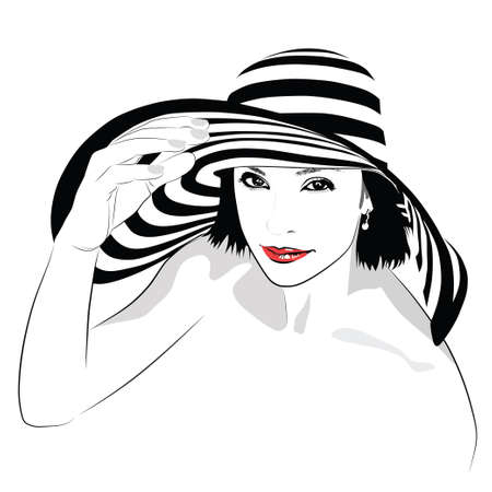 The girl with dark hair in big striped hat - vector illustrationのイラスト素材