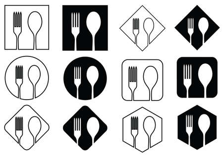 Icon spoons and forks on various geometric figures in black and white toneのイラスト素材