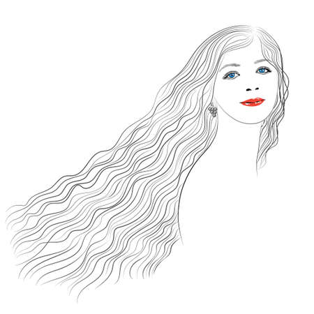 Graphic portrait of a girl with long wavy hair - vector illustrationのイラスト素材