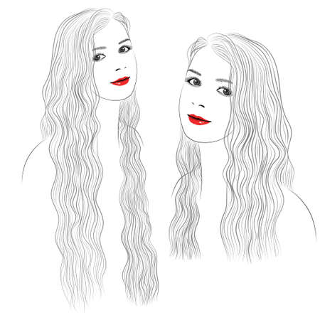 Graphic portrait of a girl with long wavy hair - vector illustrationのイラスト素材