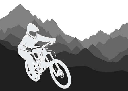 Silhouette of a racer descending on a bicycle on a mountainsideのイラスト素材