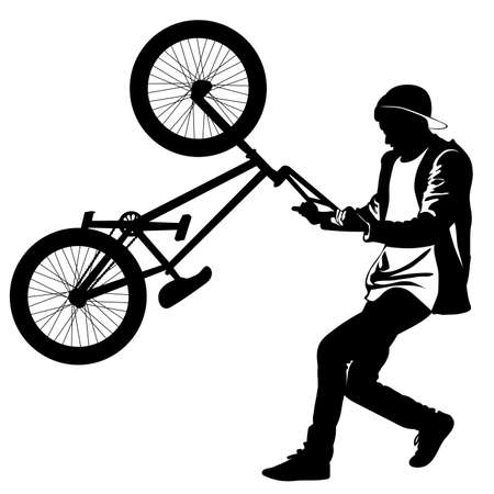 Silhouette of a teenager with a bicycle standing on the rear wheel- vectorのイラスト素材