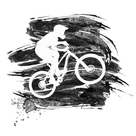 Silhouette of a biker descending on a mountain bike on a slope - vector illustrationのイラスト素材
