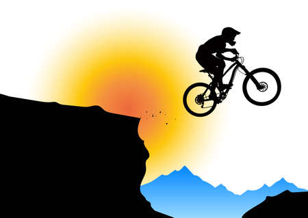 Silhouette of a biker jumping from mountain ledge with mountains in the backgroundのイラスト素材