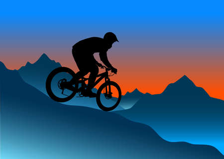 Silhouette of a biker descending on a mountain bike on a slope - vector illustrationのイラスト素材