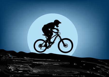 Silhouette of the cyclist riding down the slope on the background of the big moon - vector illustrationのイラスト素材