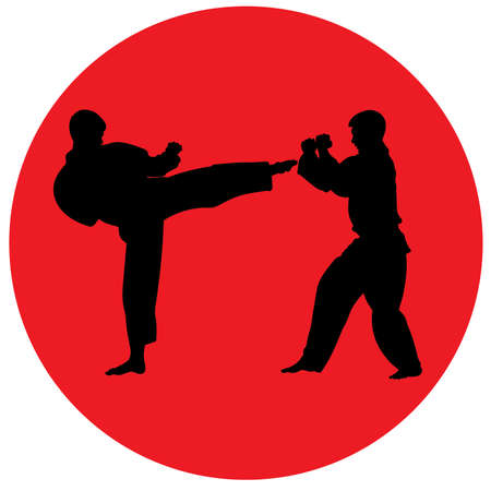 Silhouette karate athletes, conducting a training match on red circle -vectorのイラスト素材