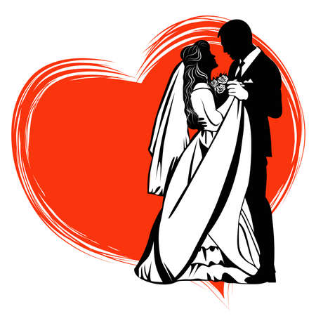 Black and white contour image of a dancing bride and groom on the background of the symbol of the heartvectorのイラスト素材